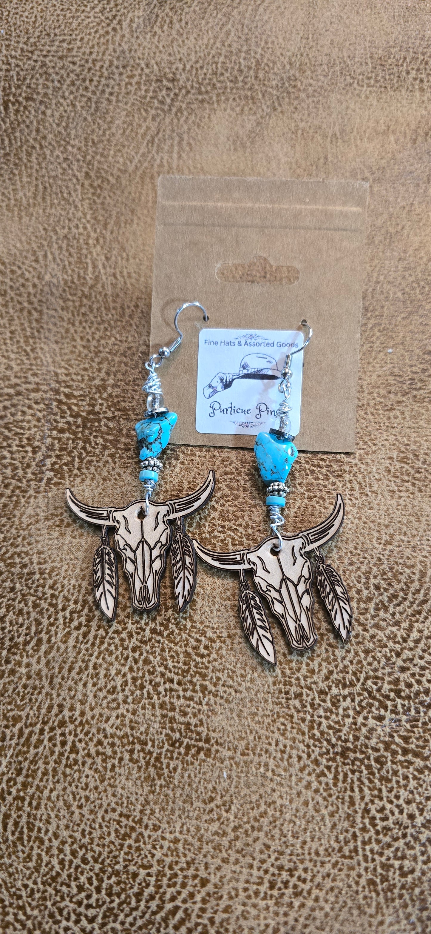 "Spirit of the Plains" Buffalo Skull Earrings – Leather & Chunky Turquoise Beads