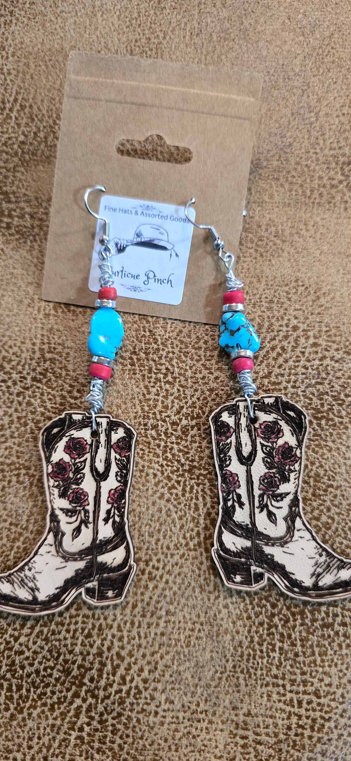"Roses & Rodeos" Leather Cowgirl Boot Earrings – Turquoise & Pink Western Beads
