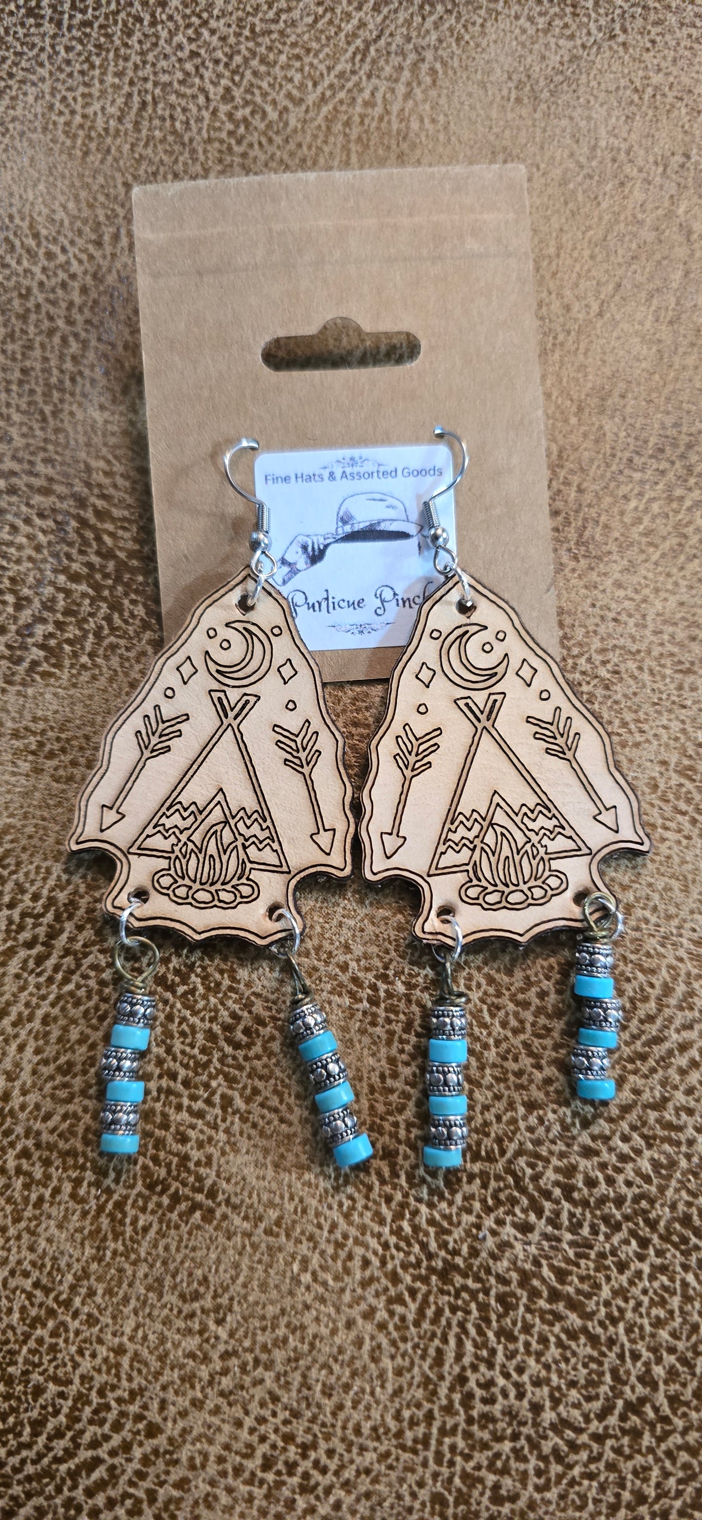 "Campfire & Constellations" Leather Teepee Earrings – Moonlit Wilderness with Turquoise Bead Fringe