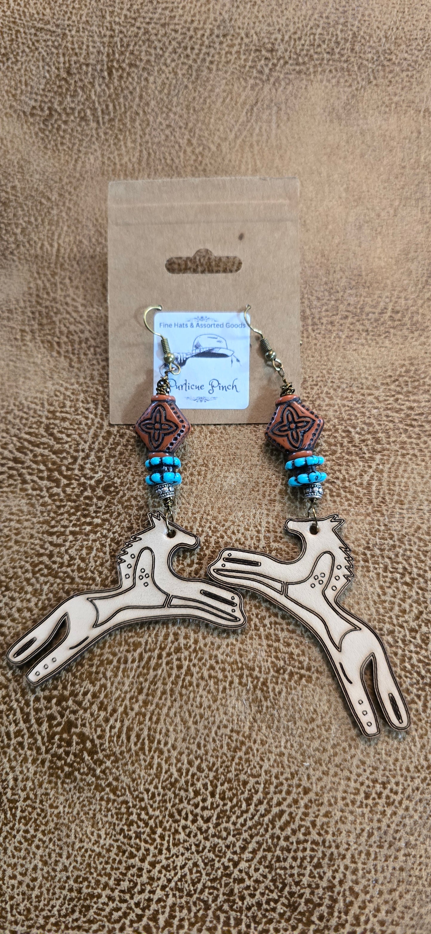 "Running Wild" Primitive Horse Earrings – Hand-Burned Leather with Beaded Tribal Accents