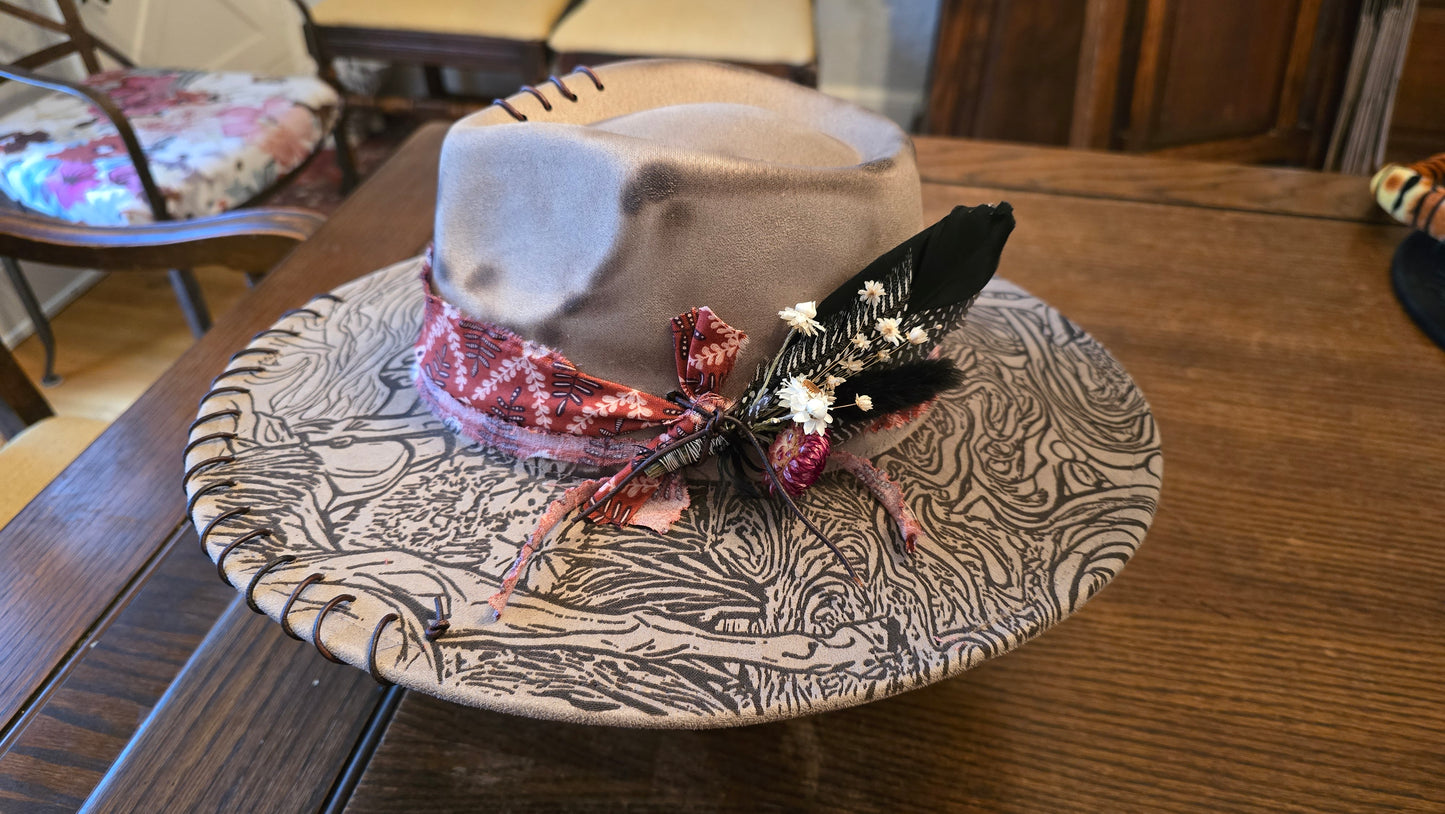 Peaceful Pastures Faux Suede Rancher Hat with Etched Design on Brim