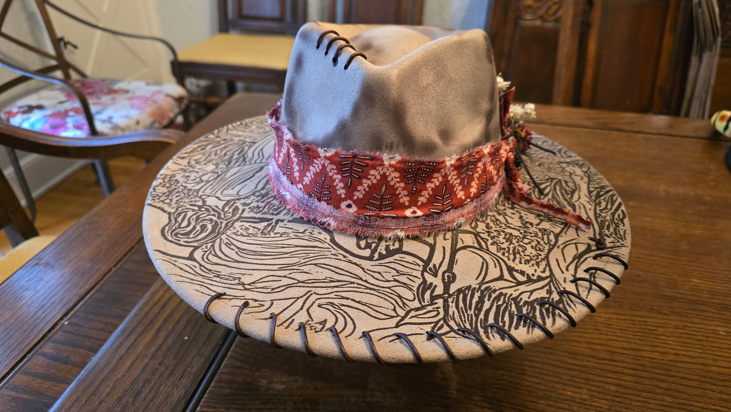Peaceful Pastures Faux Suede Rancher Hat with Etched Design on Brim