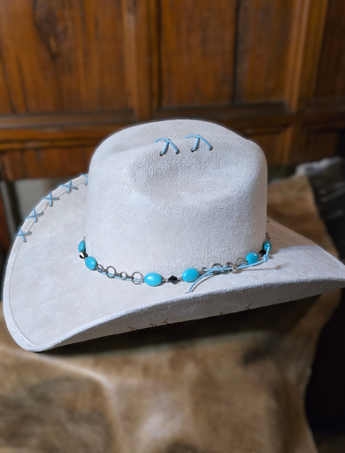 Dandy Cream Faux Suede Cowboy Hat – Hand-Burned Floral Design (Medium)