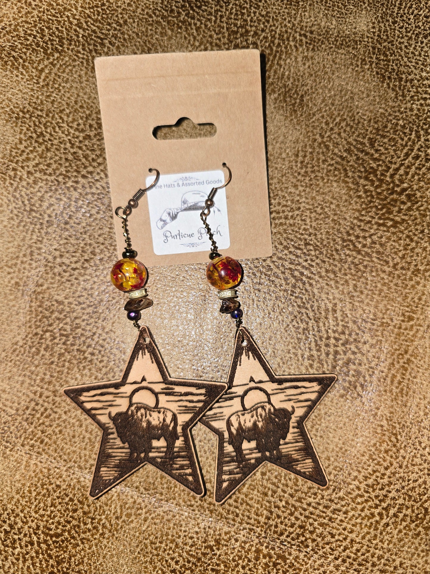Burned Leather Star Earrings with Bison Motif and Vintage Beads