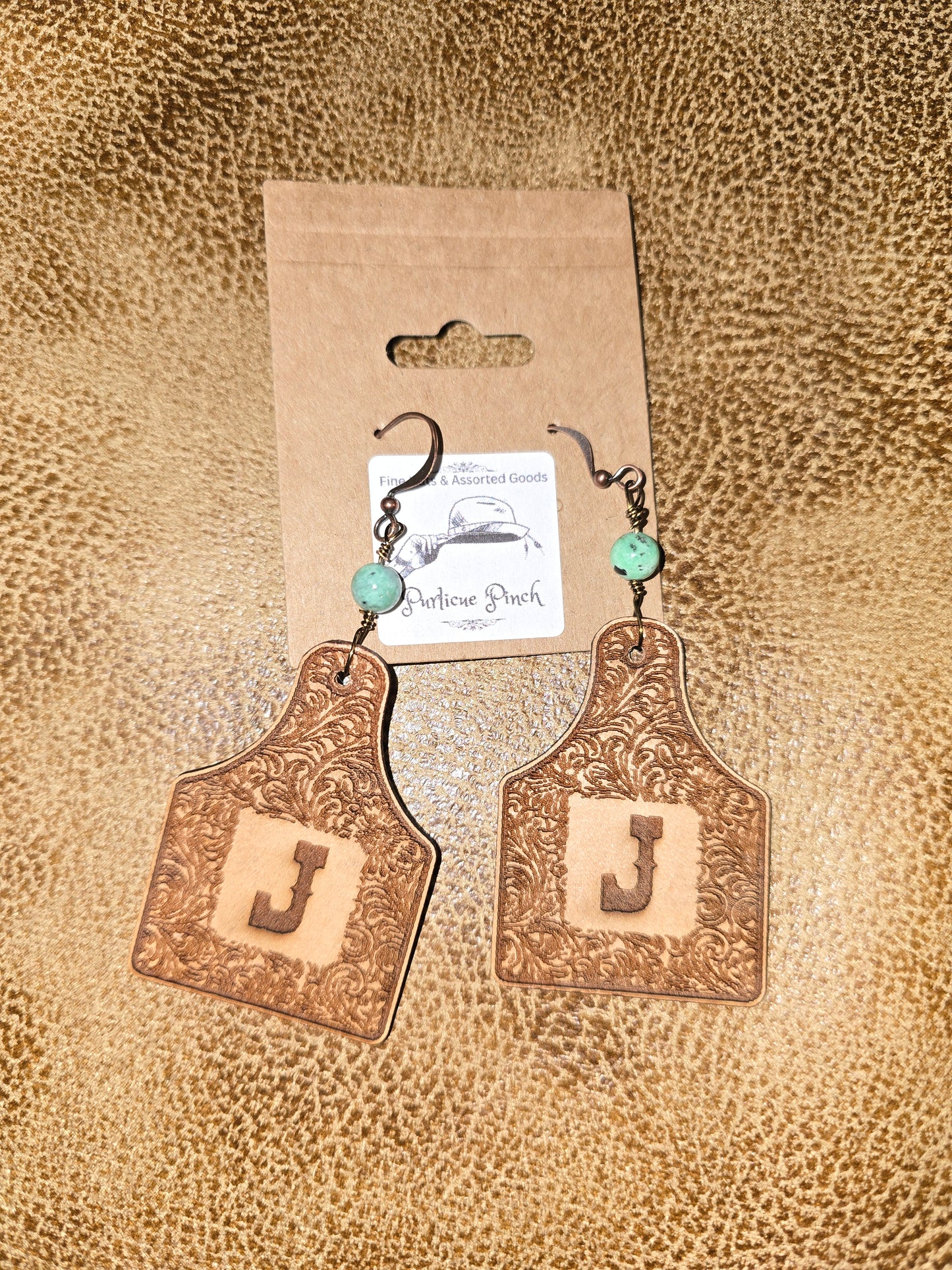 Burned Leather Cow Tag Earrings with Initial “J” and Turquoise Beads