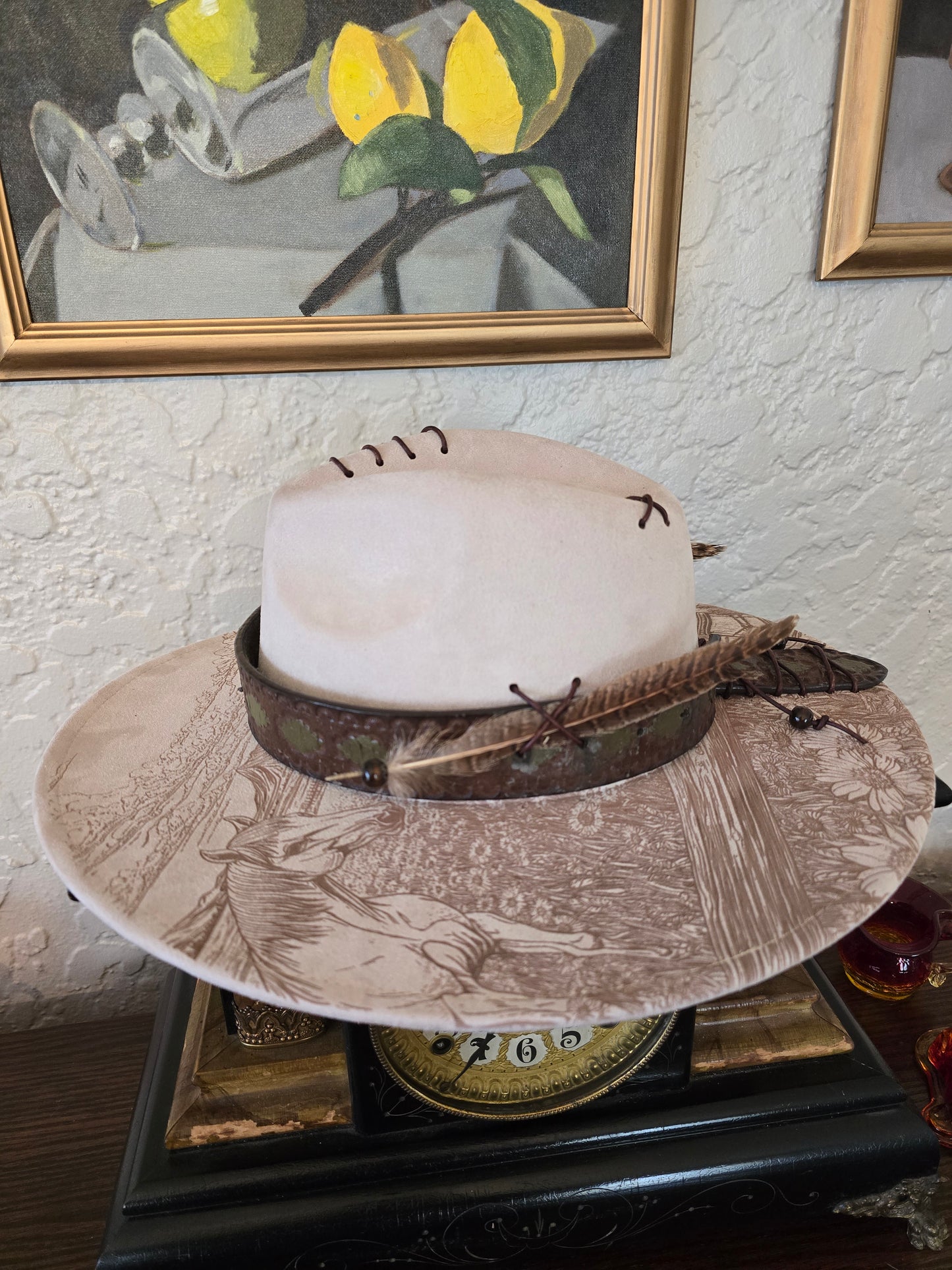 Laser Engraved Faux Suede Wide Brim Hat - Woman & Horse Design