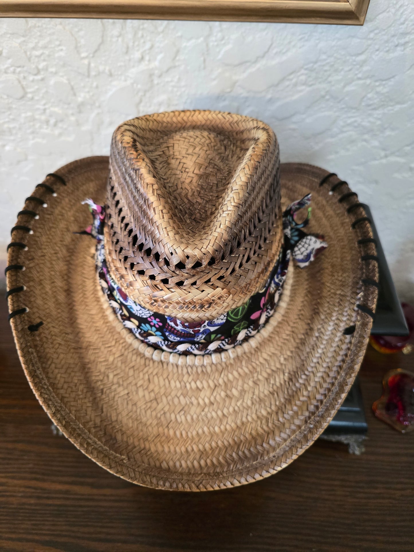 Dia de los Muertos Straw Cowboy Hat - Hand-Stitched Leather Accent