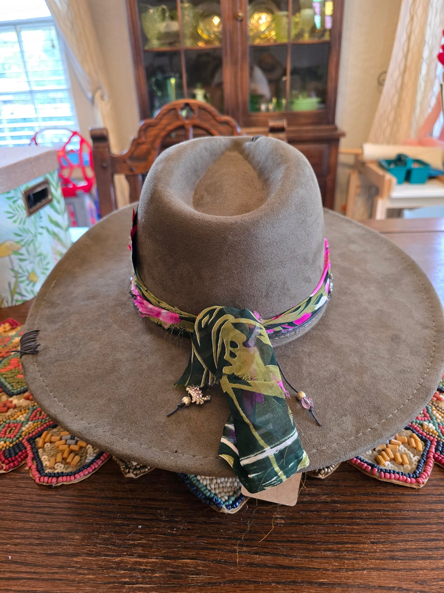 Moss Green Faux Suede Wide Brim Hat - Vintage Necklace & Tropical Hatband