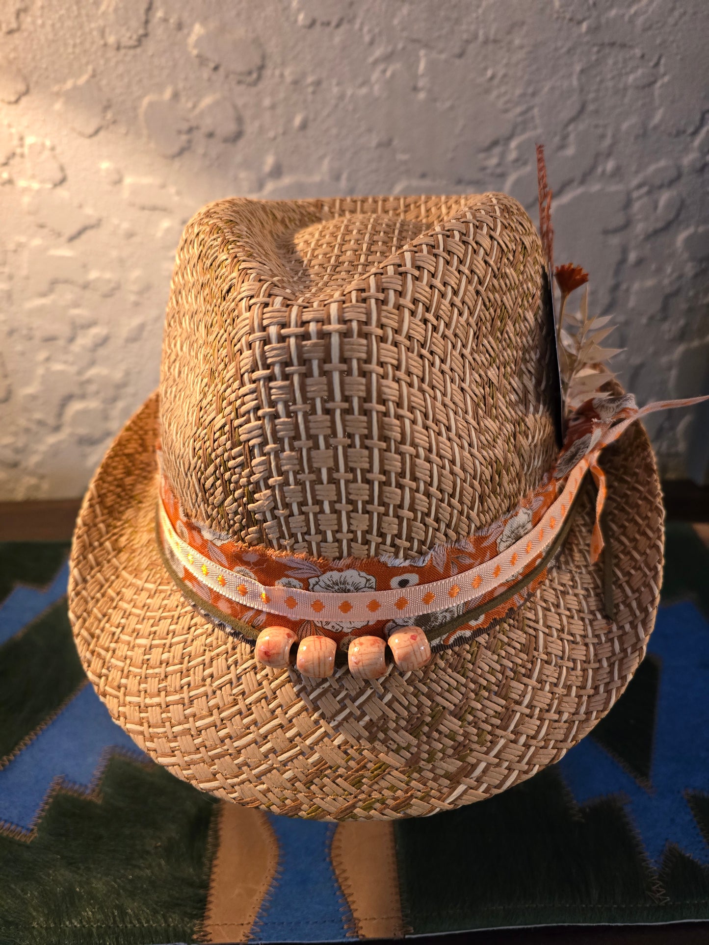 Artisan Straw Trilby Hat - Layered Fabric Hatband with Dried Botanical Accent