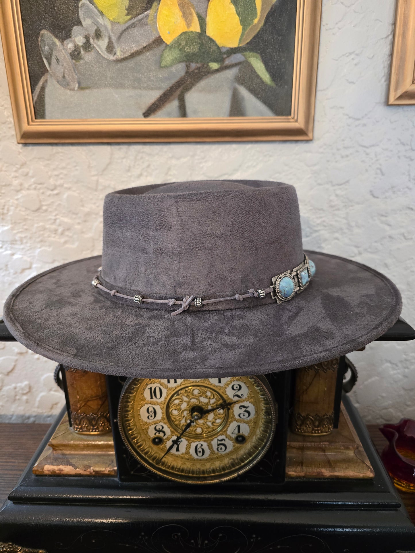 Steel Gray Faux Suede Telescope Rancher - Silver & Turquoise Hatband