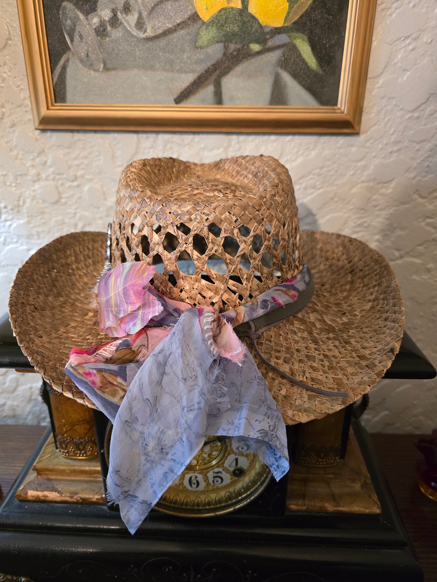 Vented Straw Cowboy Hat with Fabric Hatband, Brooch & Feather
