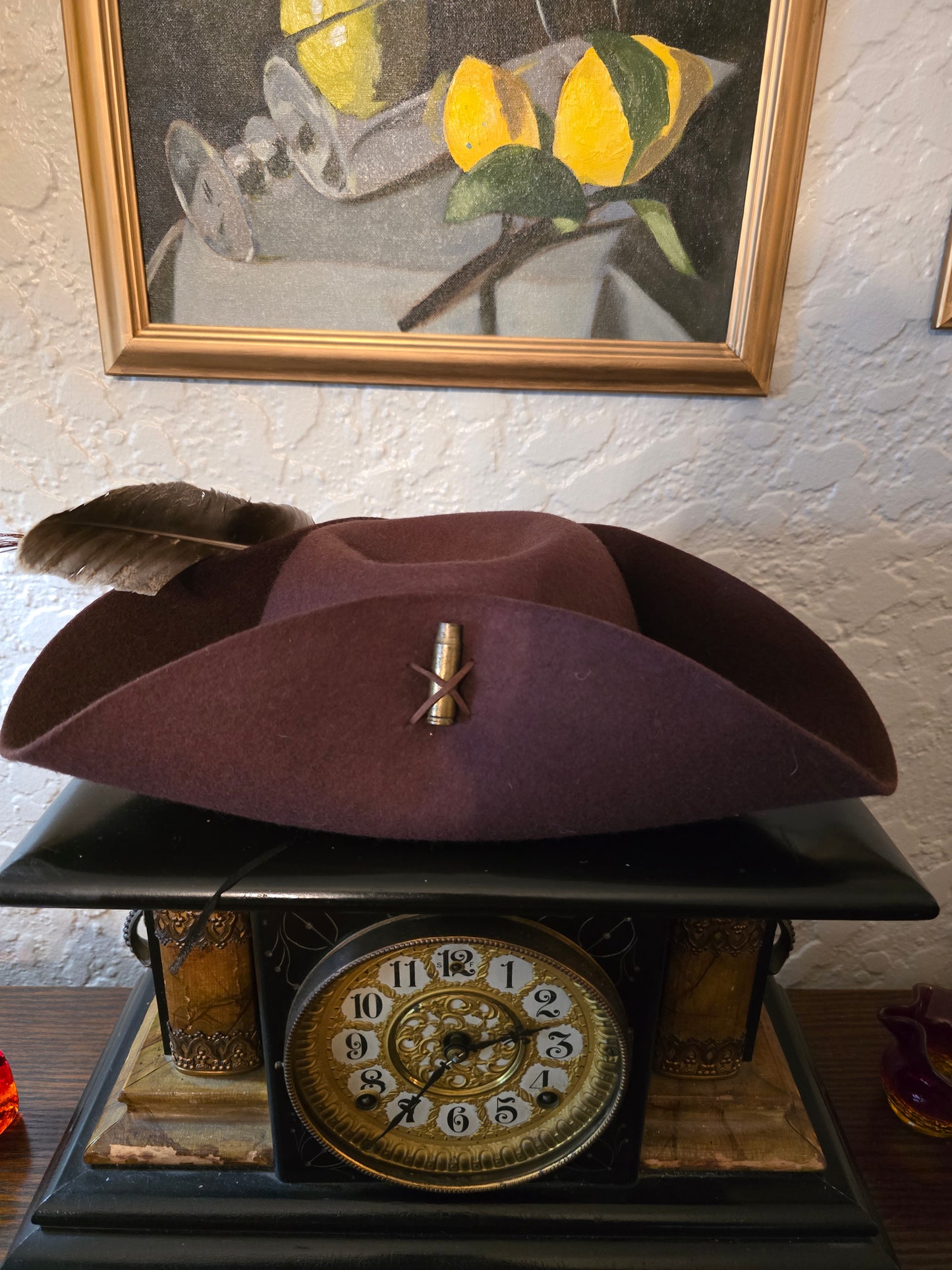 100% Wool Felt Brown Tricorn Hat with Cameo Brooch & Feathers