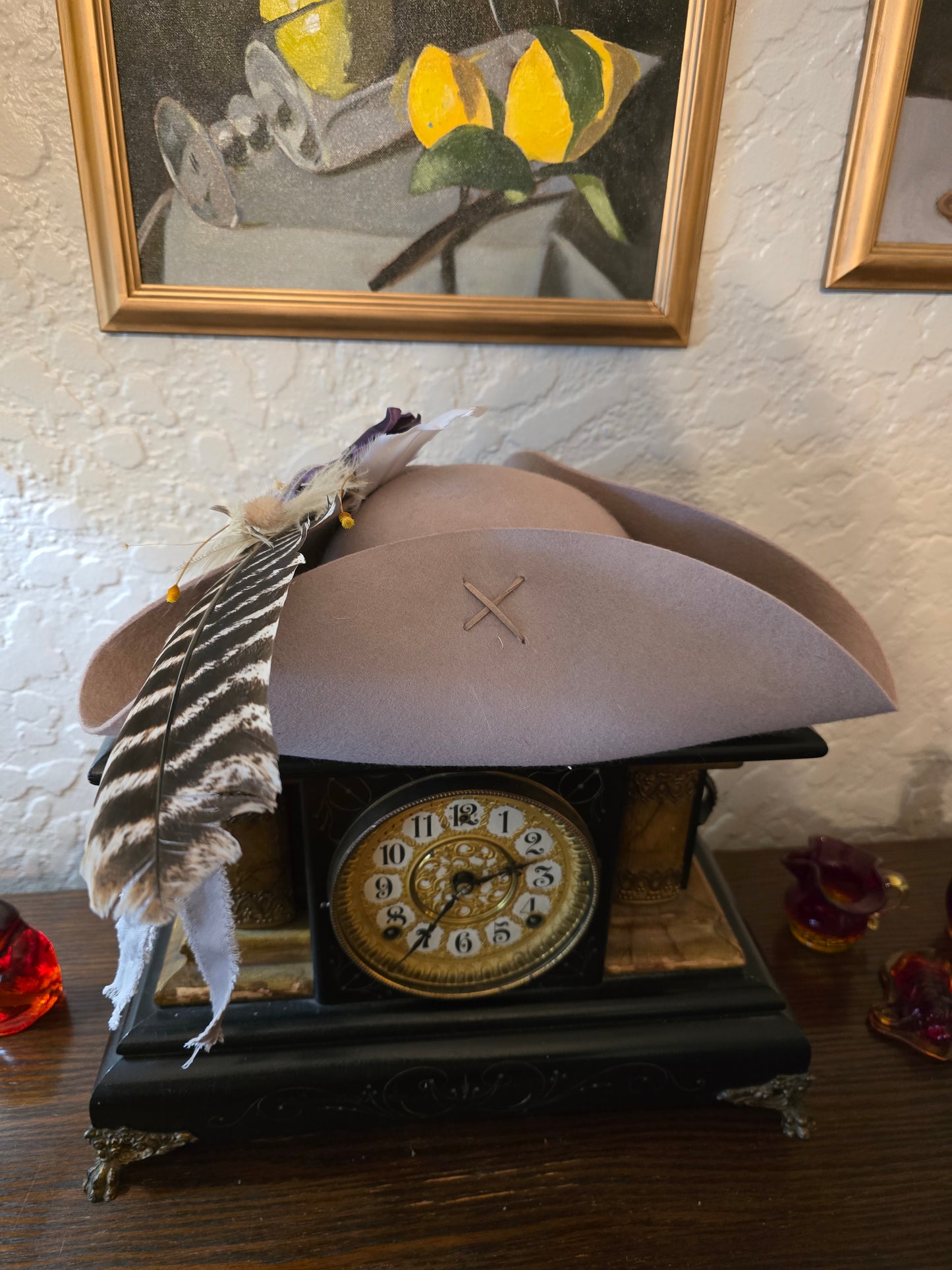 100% Wool Felt Mauve Tricorn Hat with Plumage & Brooch
