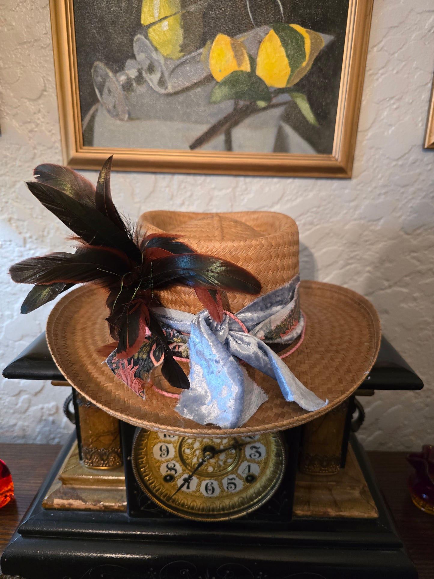 Straw Gambler Hat with Purlicue Pinch Custom Fabric Hatband