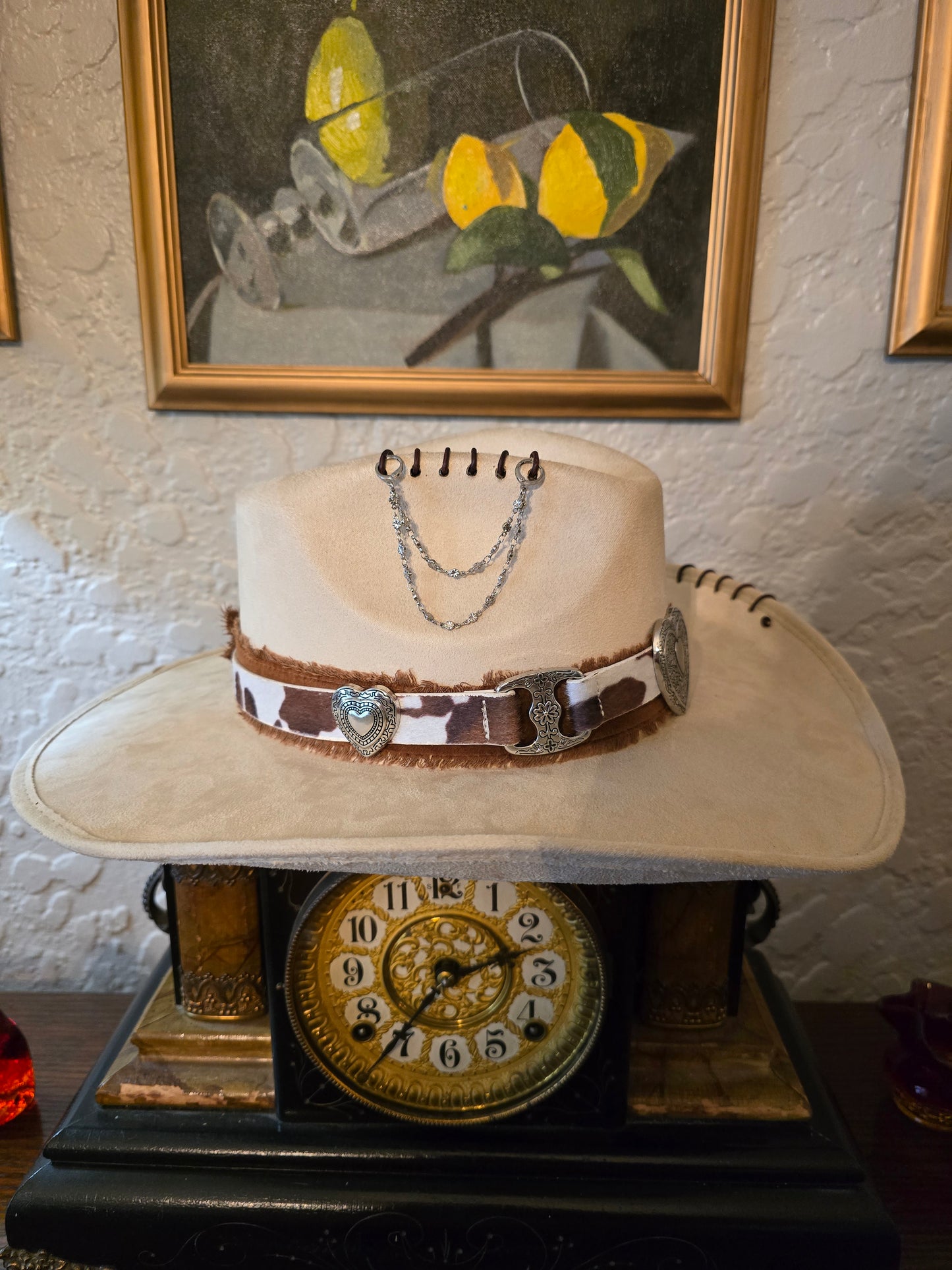 Premium Faux Suede Silver Belly Cowboy Hat with Cowhide Hatband & Heart Conchos