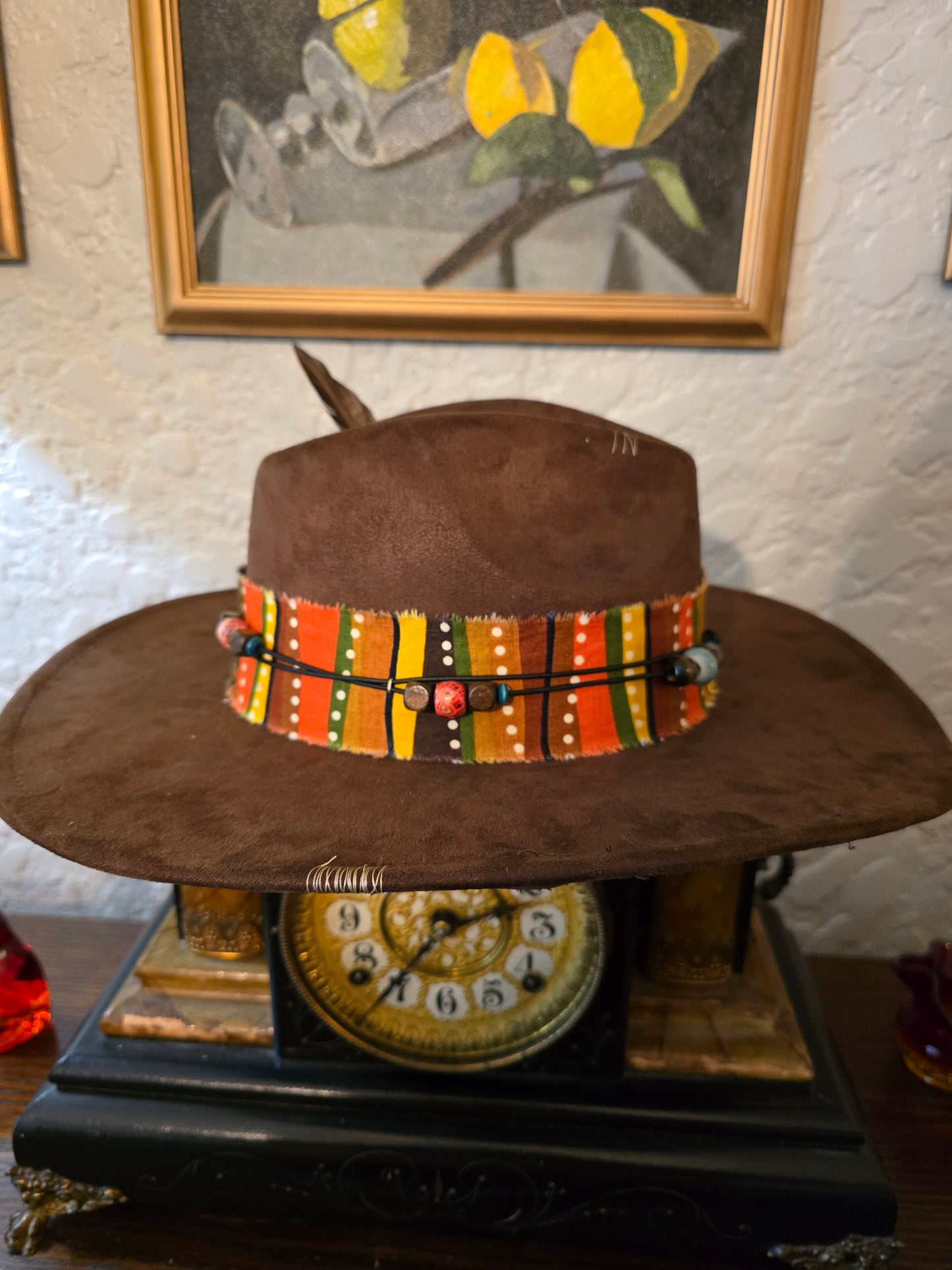 Brown Faux Suede Wide Brim Hat with Fabric Hatband & Feather Bundle