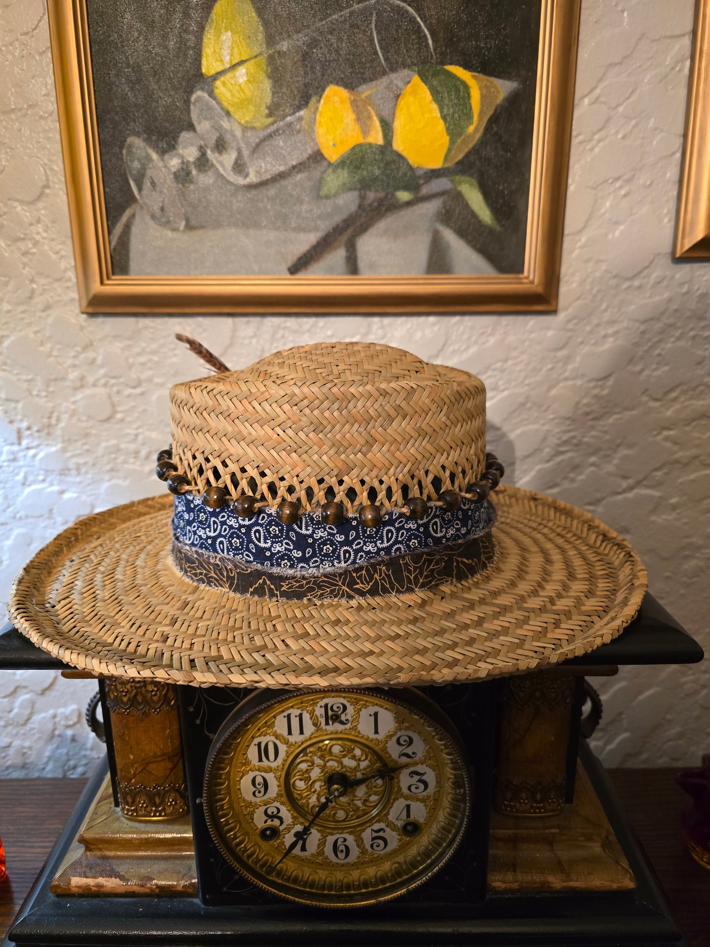 Vented Straw Hat with Navy Paisley Bandana Wrap & Pheasant Feathers