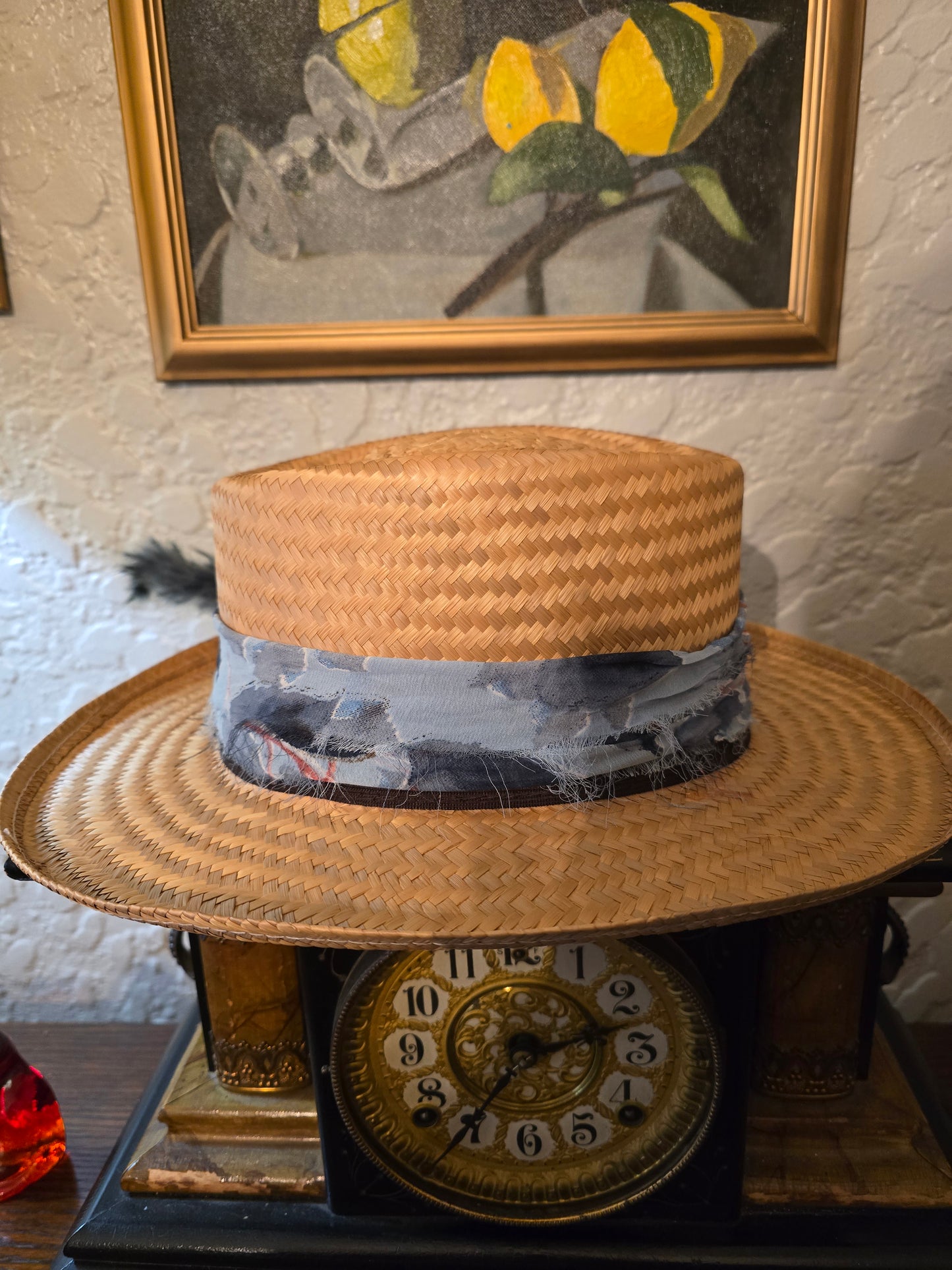 Straw Gambler Hat with Grey Fabric Wrap, Playing Card & Feathers