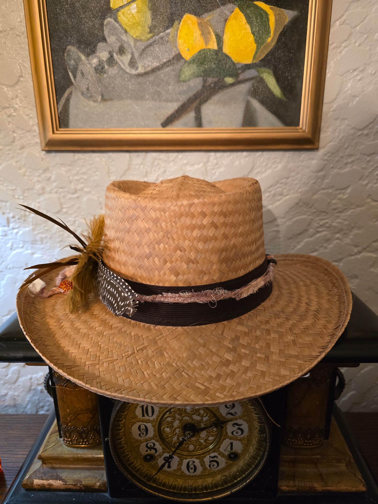 Straw Gambler Hat with Dark Ribbon, Frayed Fabric & Pheasant Feathers