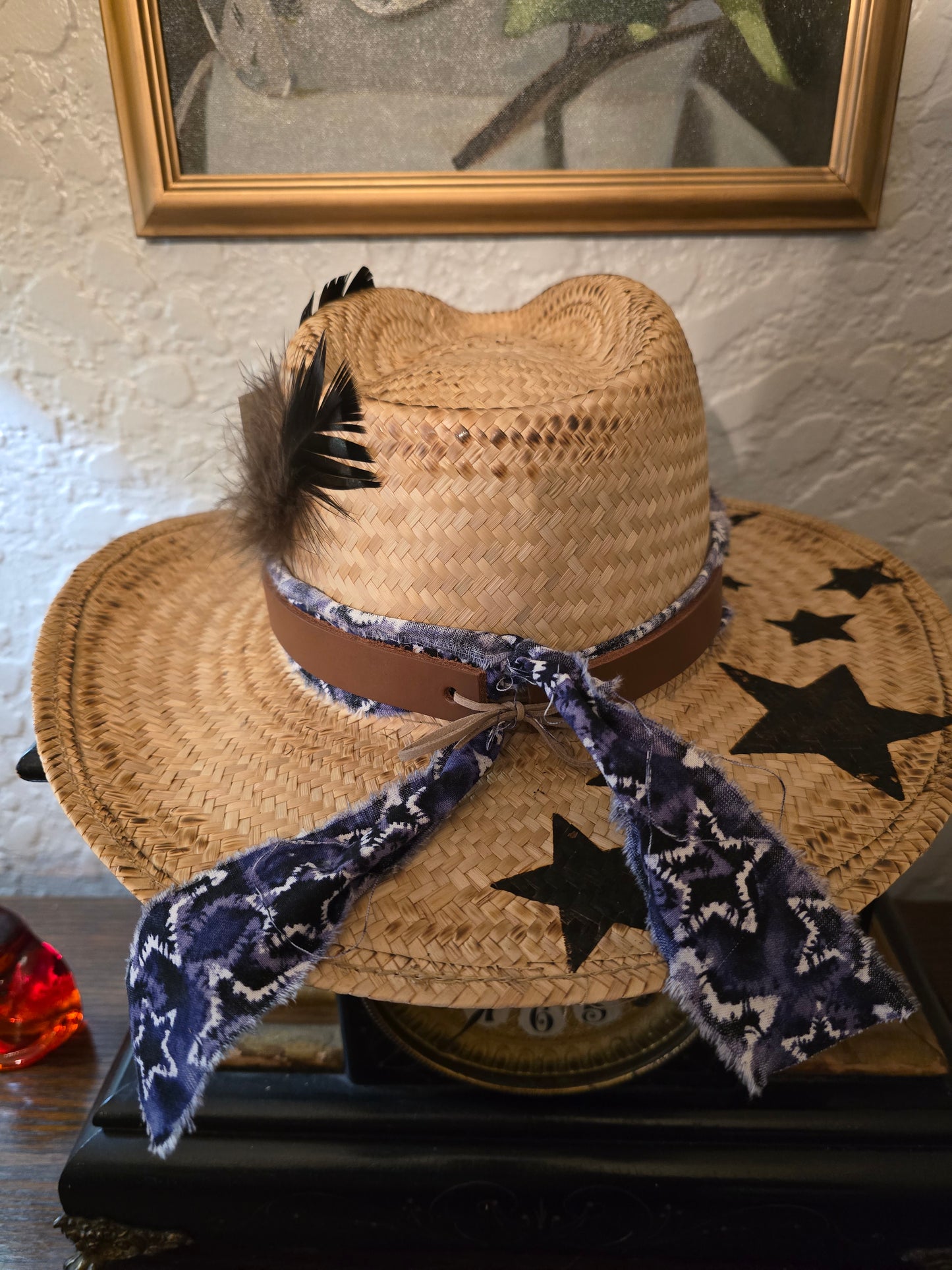 Straw Cowboy Hat with Burned Star Brim, Geometric Hatband & Dark Feathers