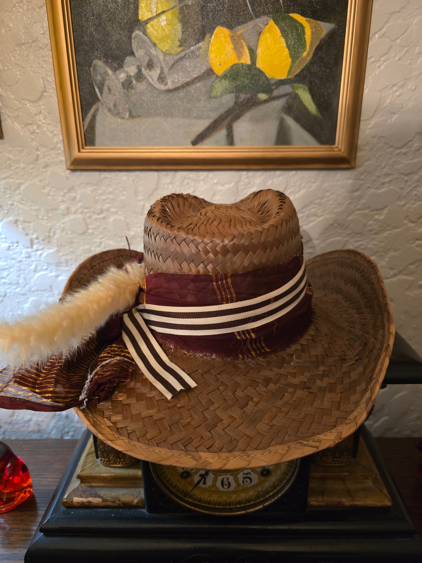 Straw Cowboy Hat with Burgundy Hatband, Striped Ribbon & Feathers