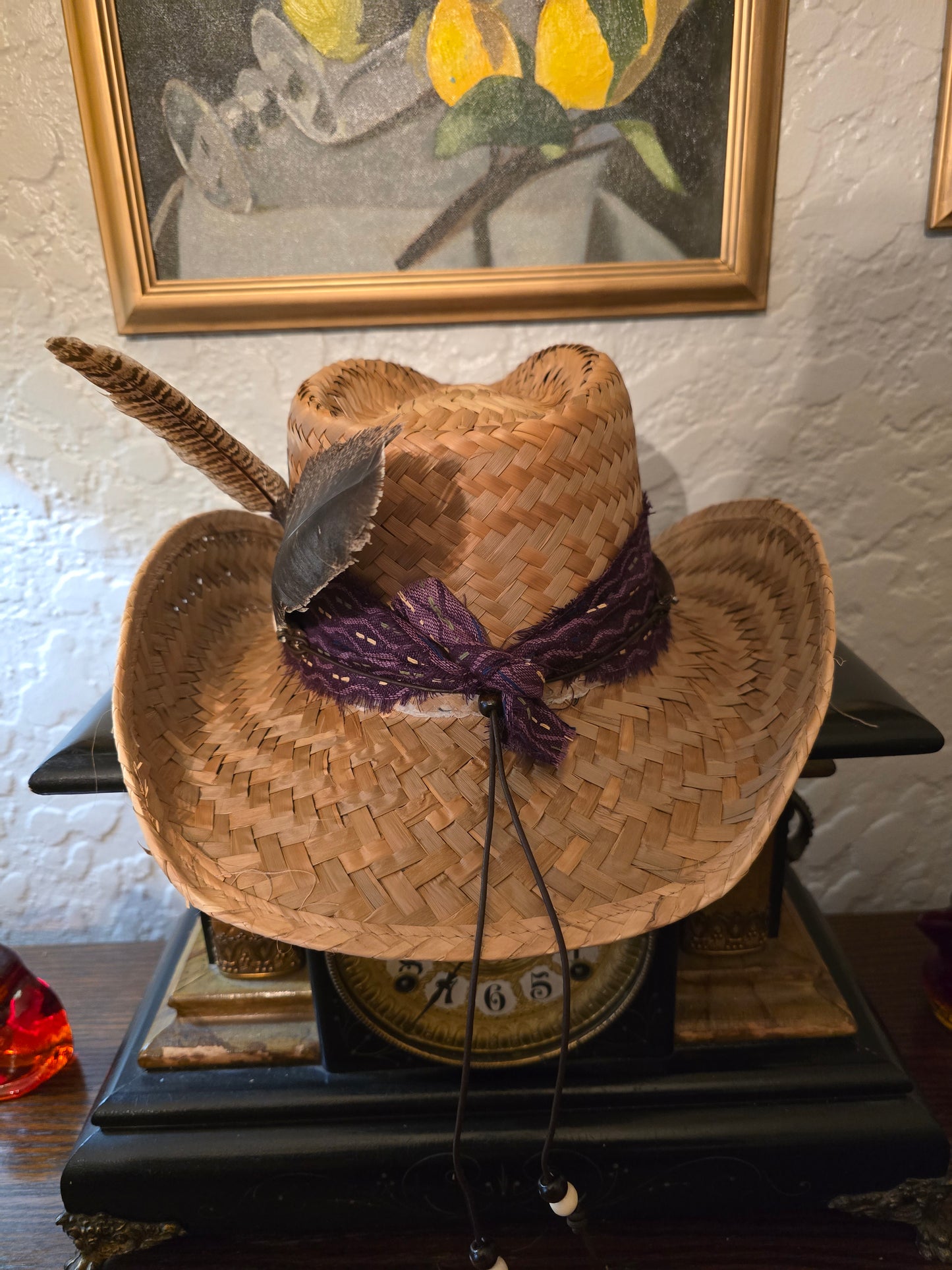 Straw Cowboy Hat with Purple Woven Hatband & Beaded Cord