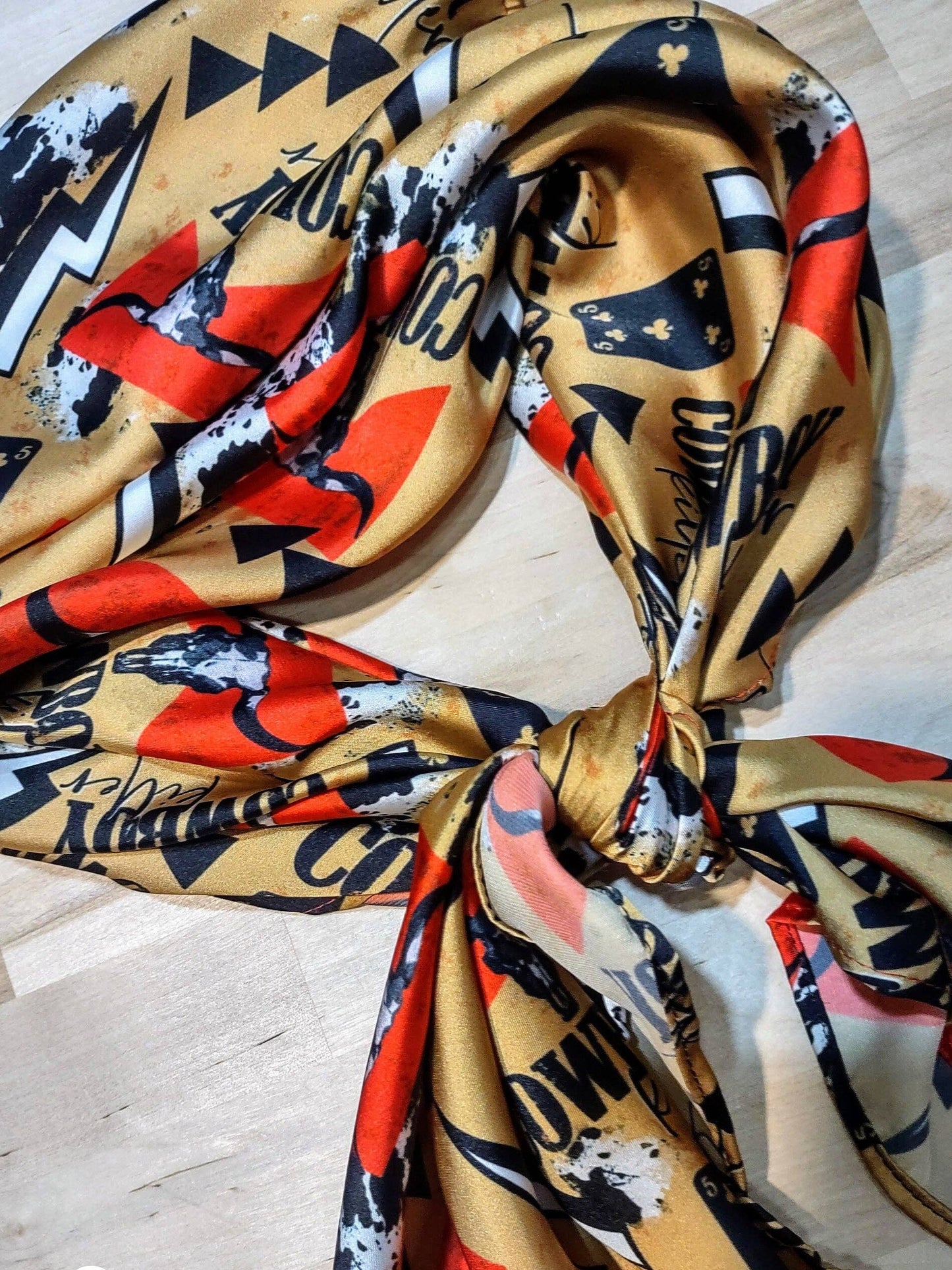 Wild Rag Gold Cowboy Killer Cowboy Buckaroo scene Western Neck Scarf Bandanna 35"x35"
