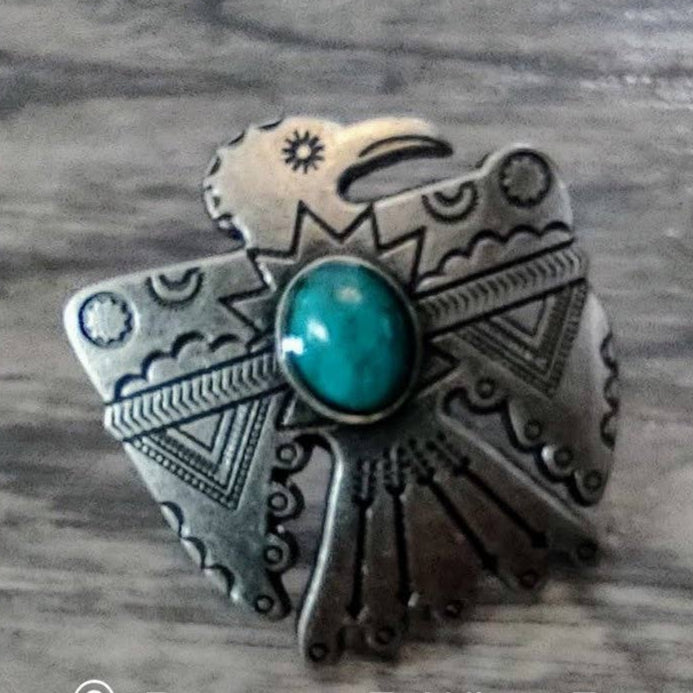 Wild Rag SLIDE Thunderbird Concho Antique Silver Scarf Slide w/ Turquoise