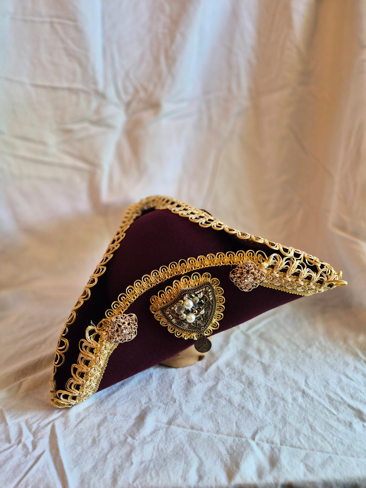 The Commodore Fancy Burgundy Tricorn Hat