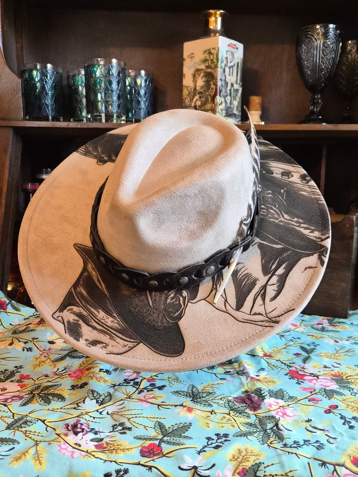 Faux suede wide brim rancher hat with laser-etched Bluesman design, side view