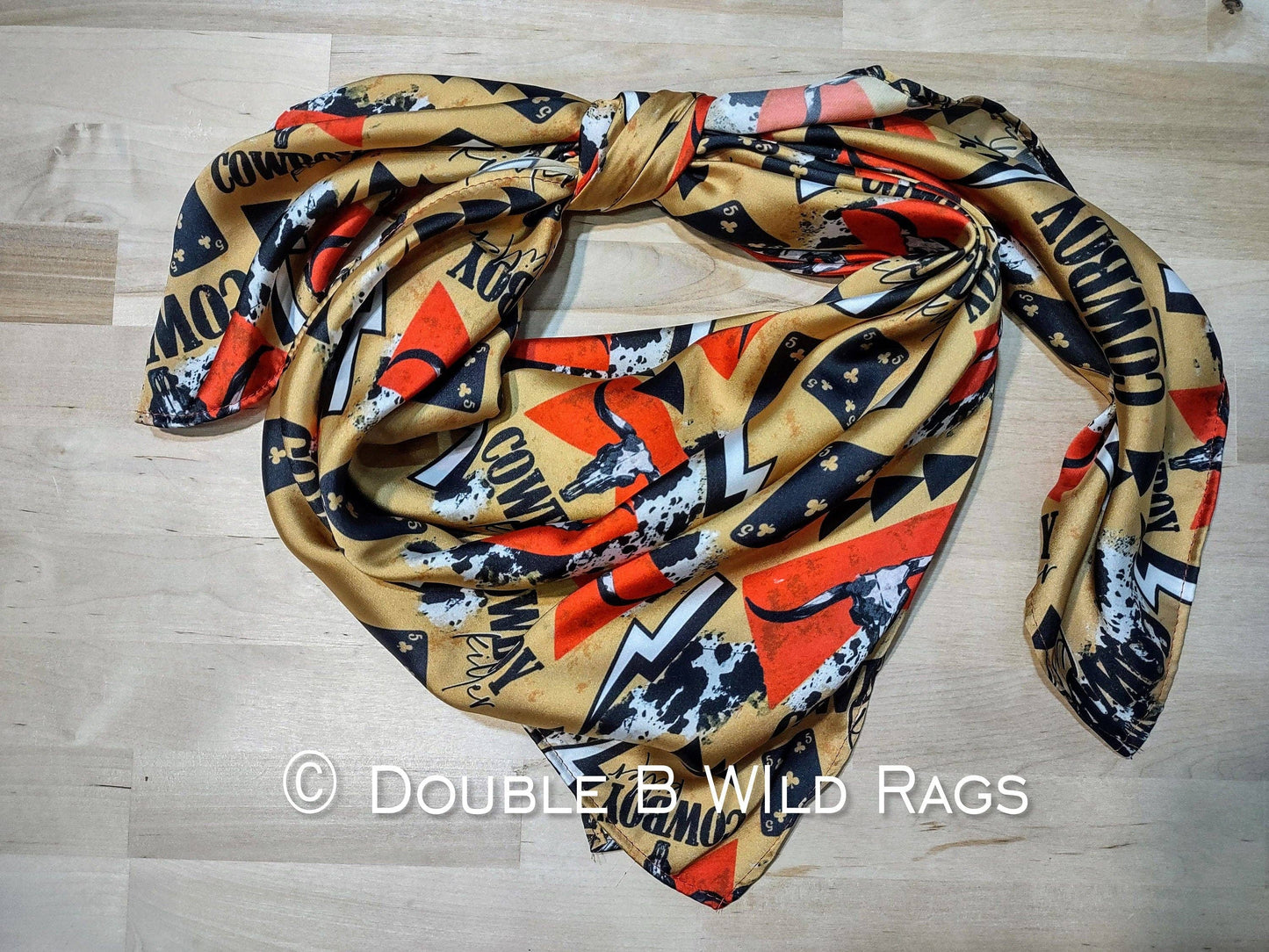 Wild Rag Gold Cowboy Killer Cowboy Buckaroo scene Western Neck Scarf Bandanna 35"x35"