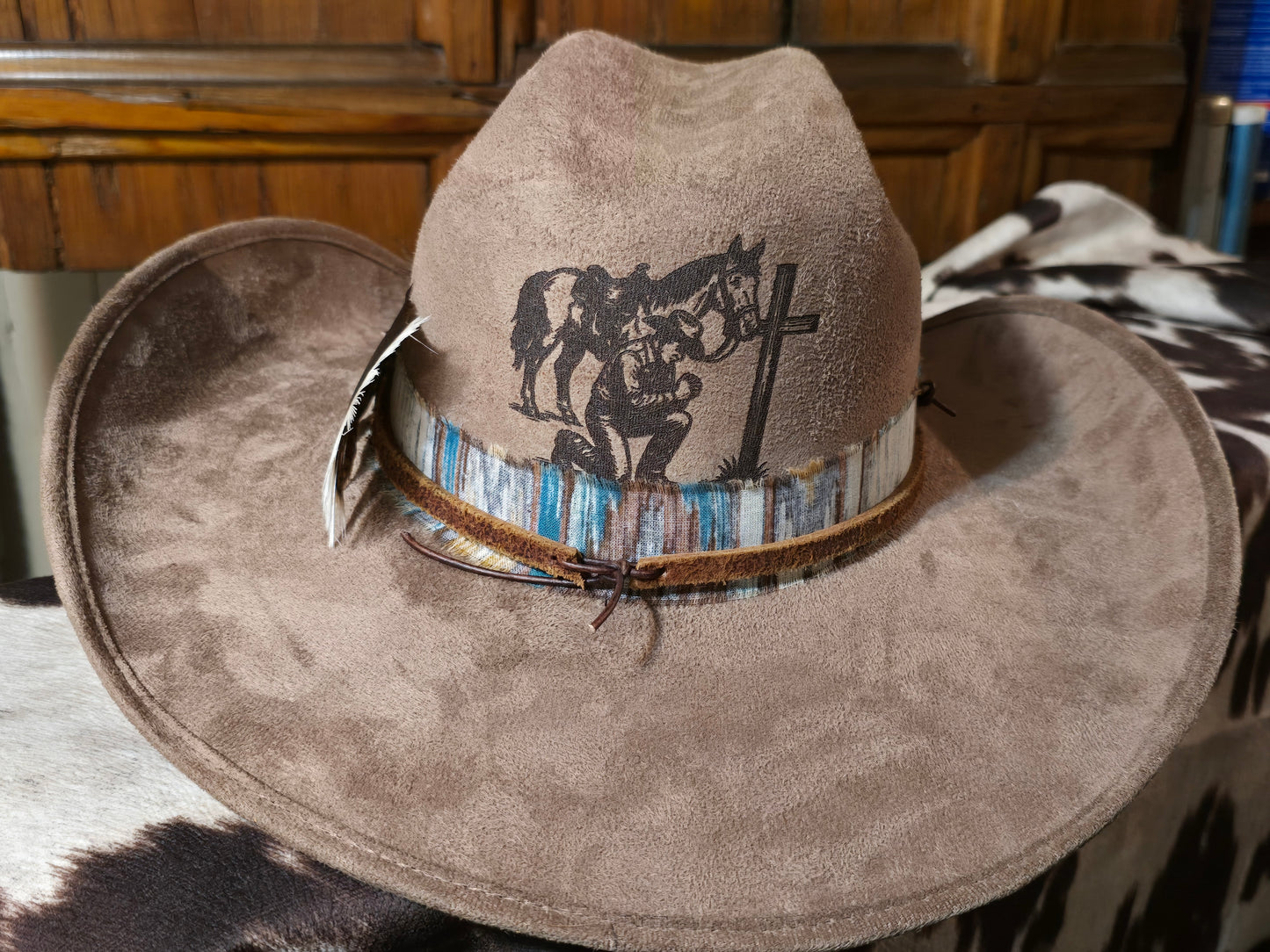 Roy - Taupe Faux Suede Cowboy Hat with Distressed Flag Graphic and Feather Detail
