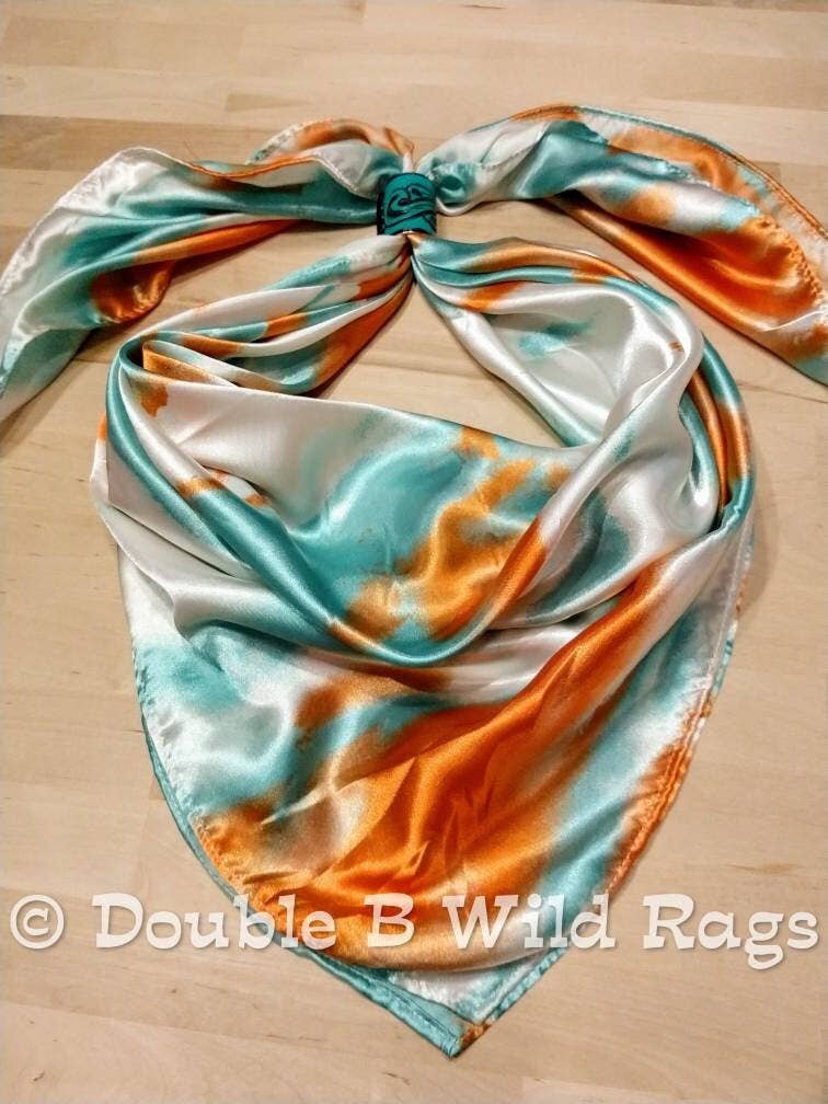Wild Rag Orange and Light teal green Grunge Patina print Western Cowboy Neck Scarf Bandana: 35" x 35"