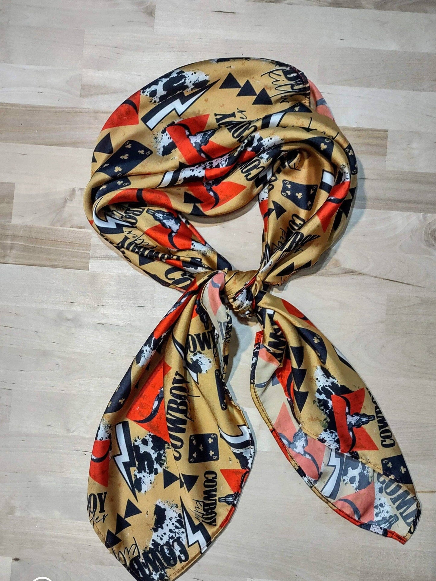 Wild Rag Gold Cowboy Killer Cowboy Buckaroo scene Western Neck Scarf Bandanna 35"x35"