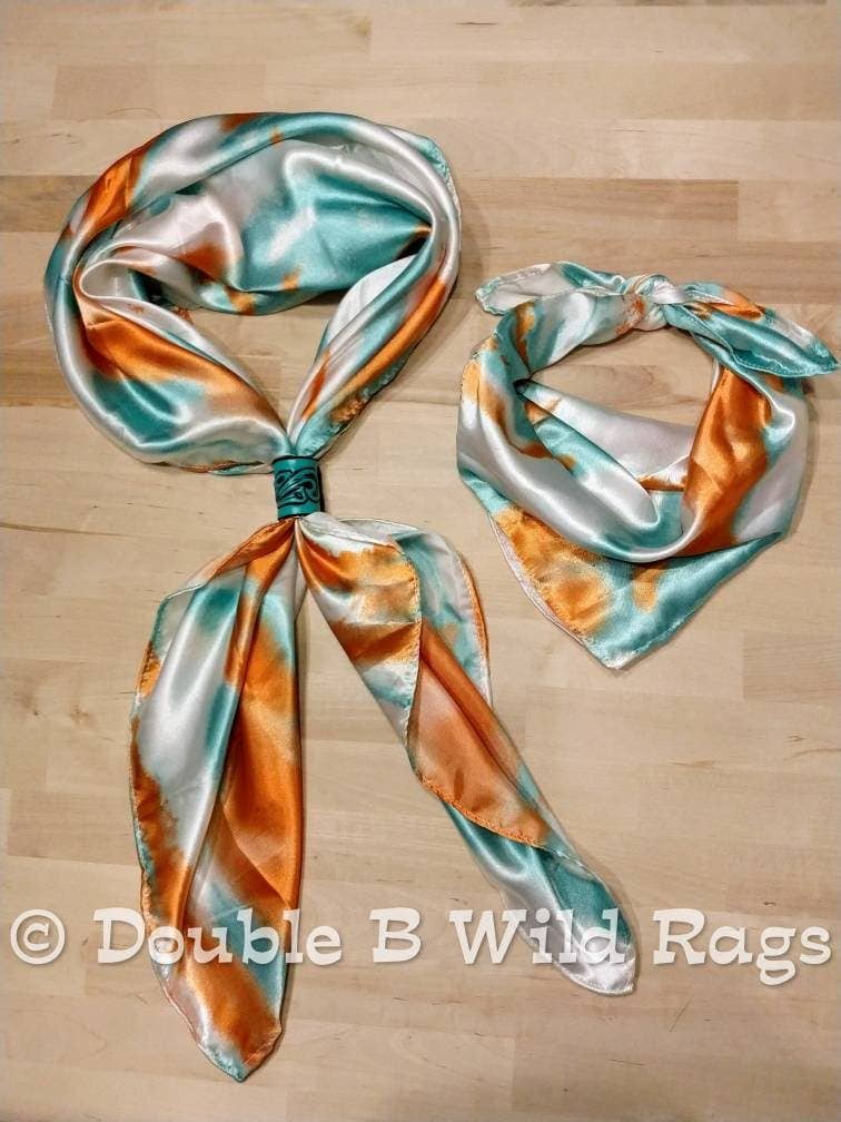 Wild Rag Orange and Light teal green Grunge Patina print Western Cowboy Neck Scarf Bandana: 35" x 35"