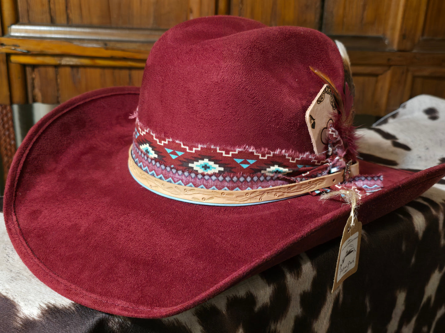 Ruby - Burgundy Faux Suede Cowboy Hat with Southwestern Band and Feather Detail