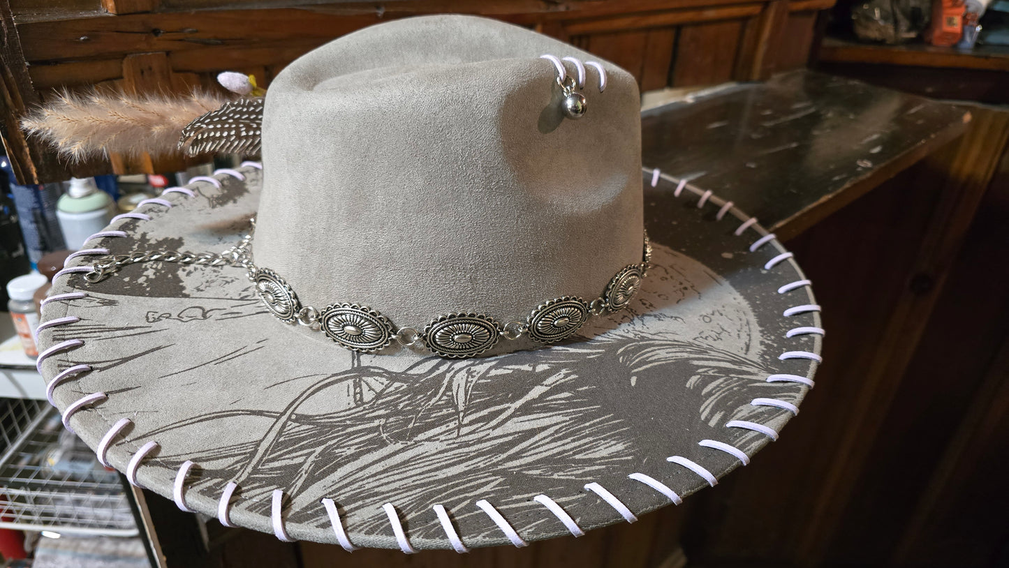 Moonlit Dreams Taupe Faux Suede Rancher Adjustable Hat with Hand Laced Brim