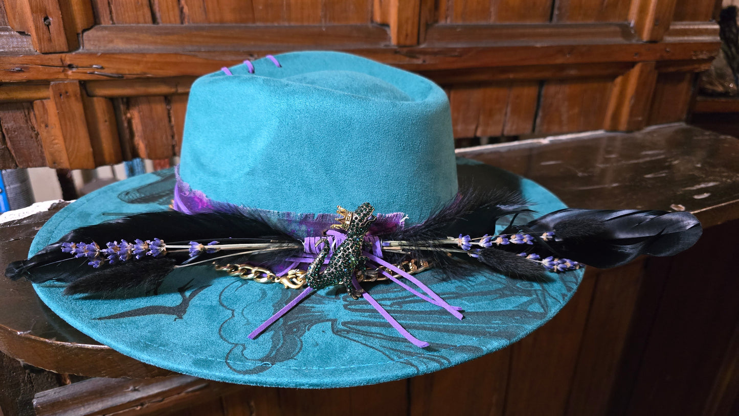RAWR! Teal Blue Faux Suede Adjustable Rancher Hat with Dinosaur Design
