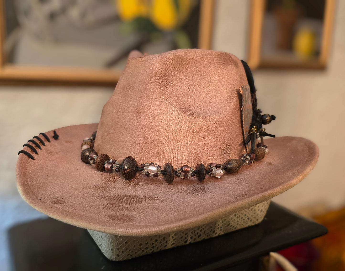 Rose Gold Metallic Fedora with Gemstone Hatband and Feather Accent