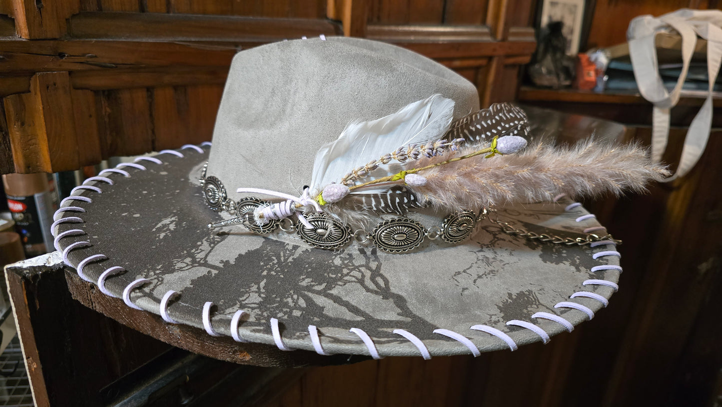 Moonlit Dreams Taupe Faux Suede Rancher Adjustable Hat with Hand Laced Brim