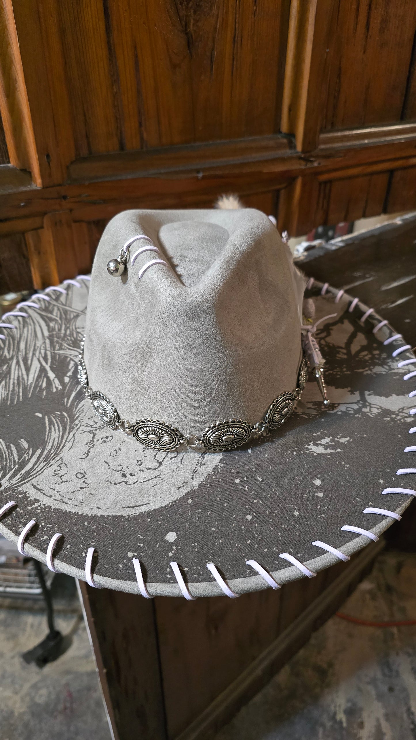 Moonlit Dreams Taupe Faux Suede Rancher Adjustable Hat with Hand Laced Brim