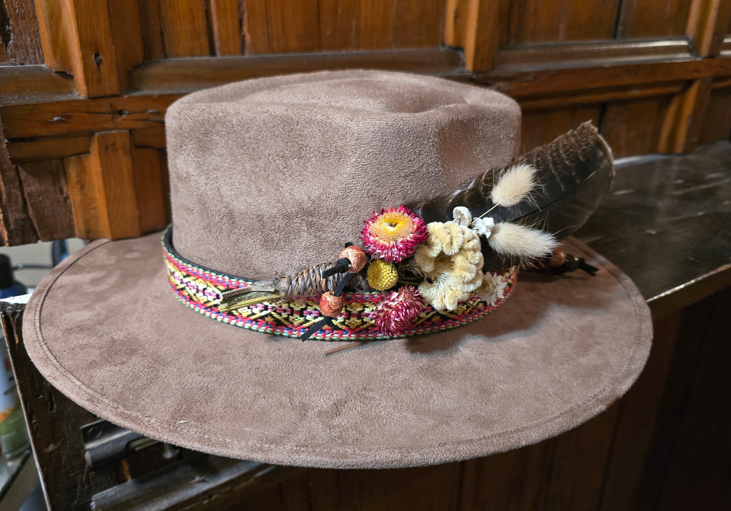 Khaki Suede Arrow Crown Rancher Hat with Floral Bundle