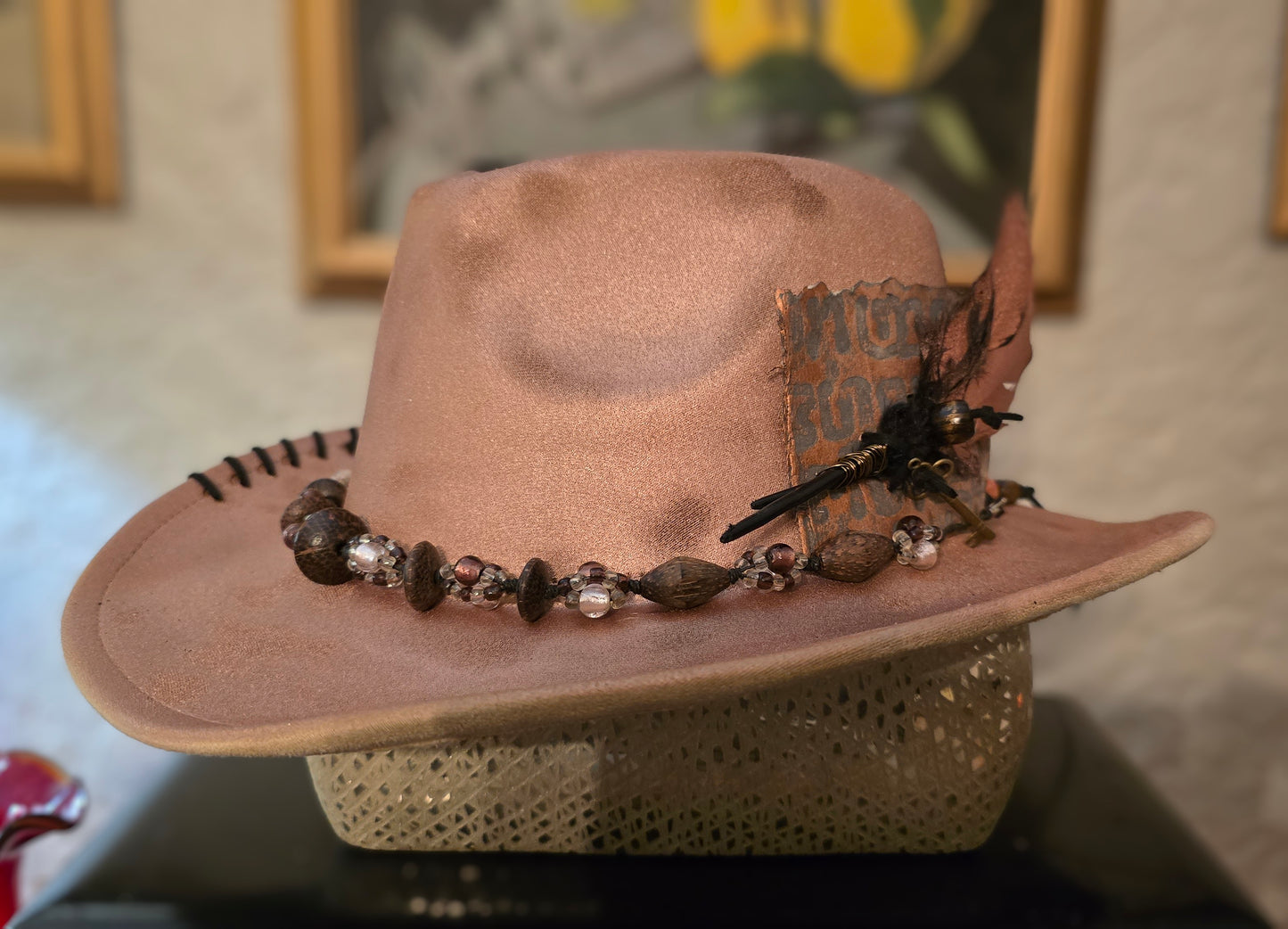 Rose Gold Metallic Fedora with Gemstone Hatband and Feather Accent