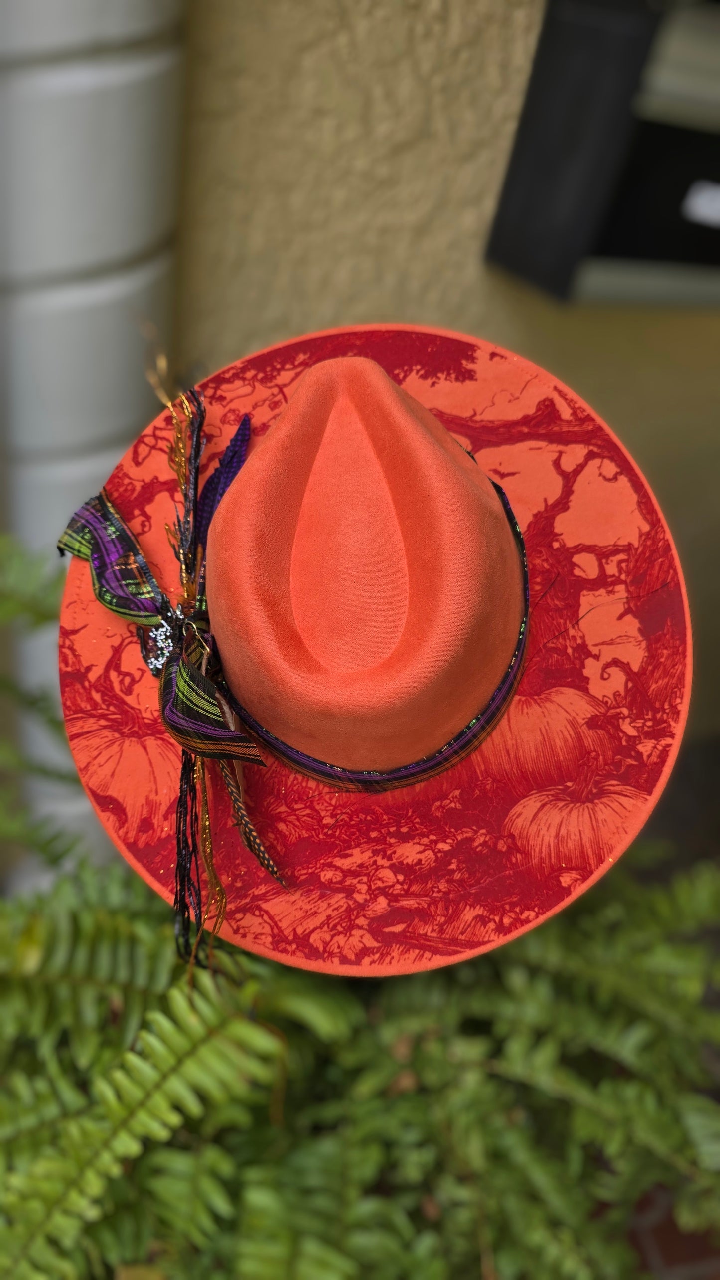 Faux Suede Halloween Hat with Intricate Brim Design
