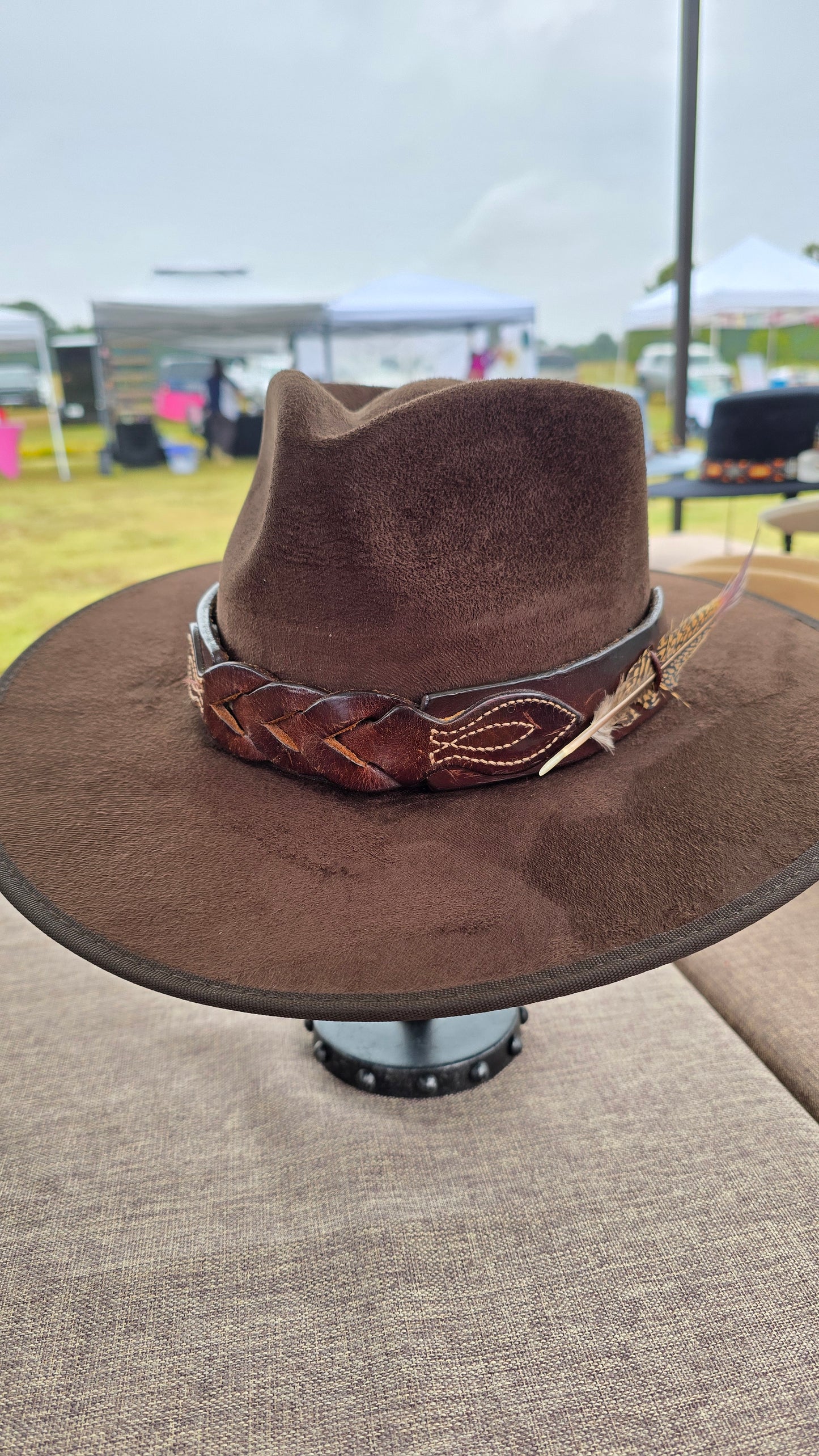 Brown Faux Suede Rancher with Leather Hatband and Feather