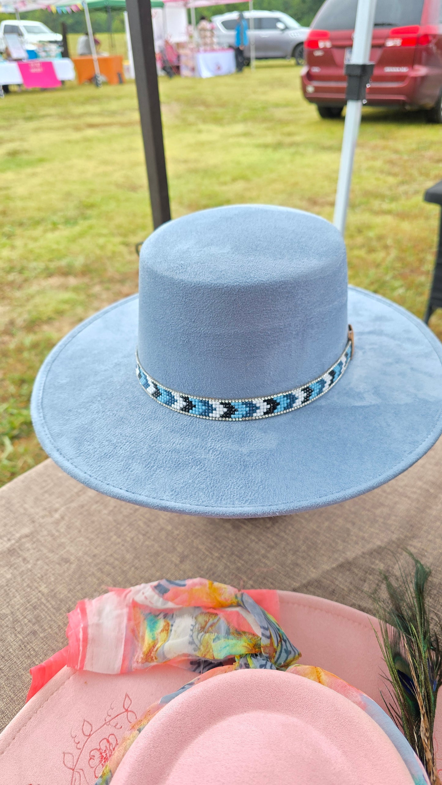 Blue Faux Suede Rancher with Beaded Hatband