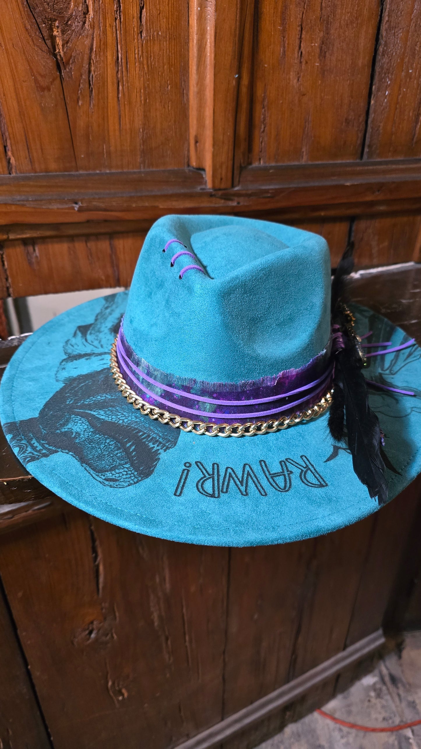 RAWR! Teal Blue Faux Suede Adjustable Rancher Hat with Dinosaur Design