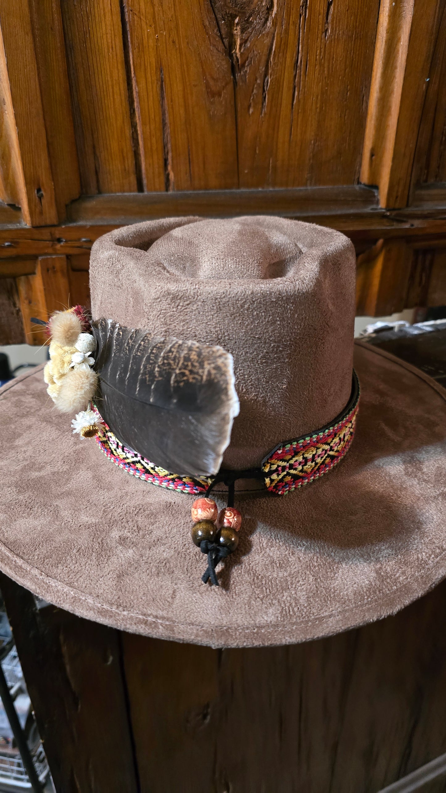 Khaki Suede Arrow Crown Rancher Hat with Floral Bundle