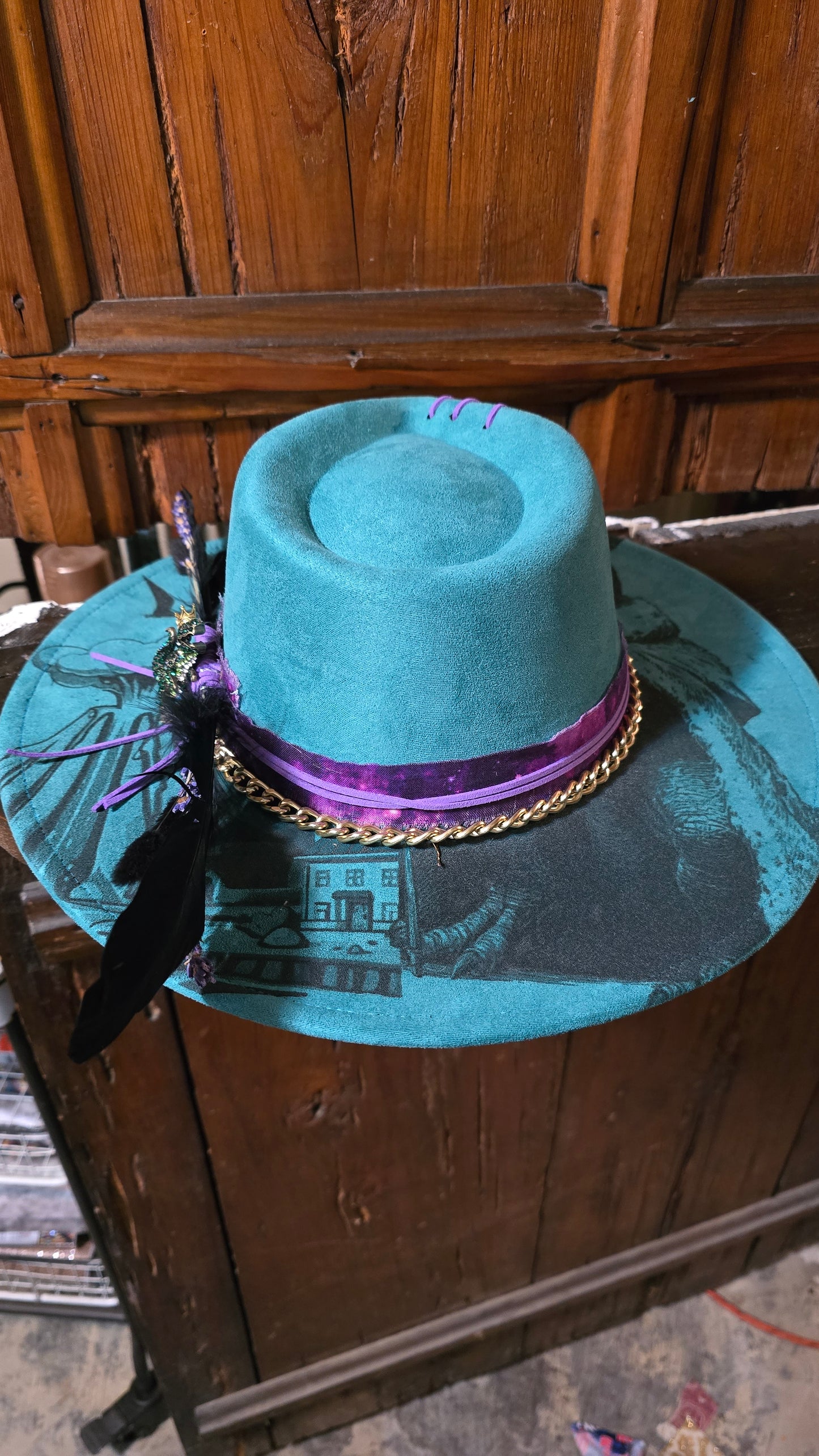 RAWR! Teal Blue Faux Suede Adjustable Rancher Hat with Dinosaur Design