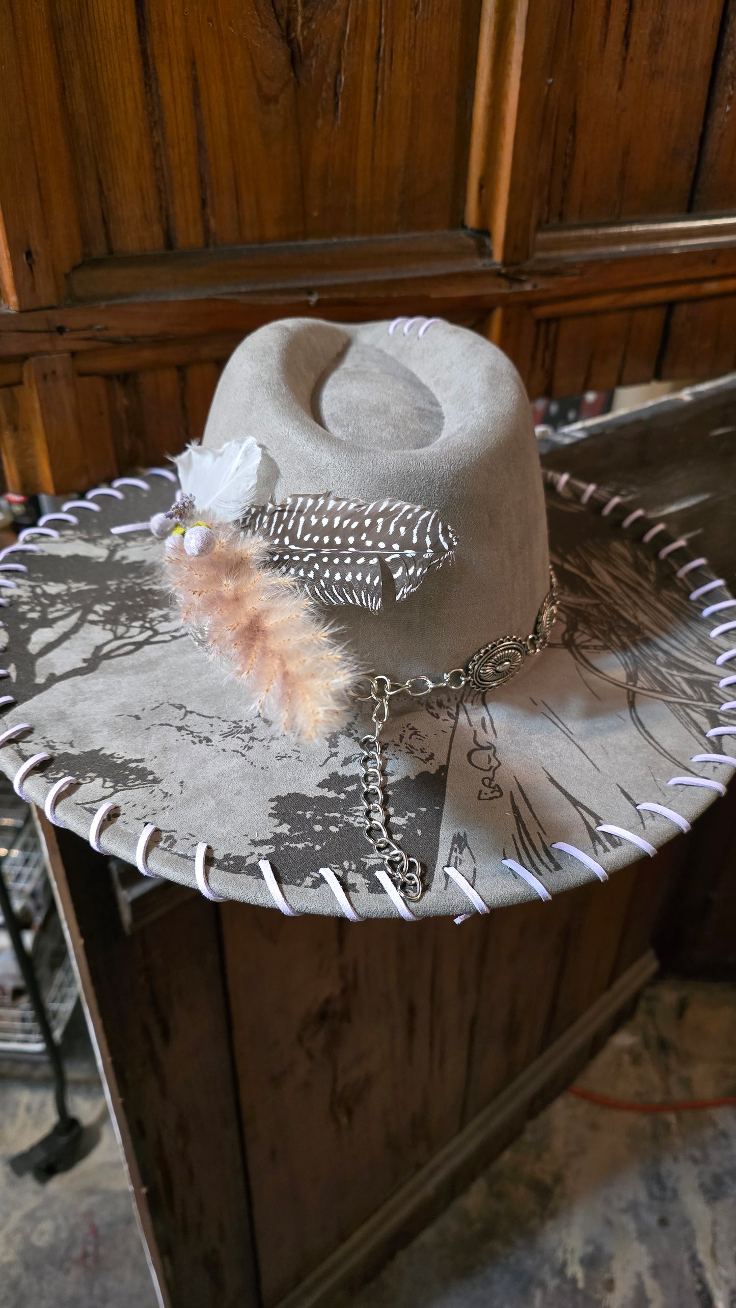 Moonlit Dreams Taupe Faux Suede Rancher Adjustable Hat with Hand Laced Brim